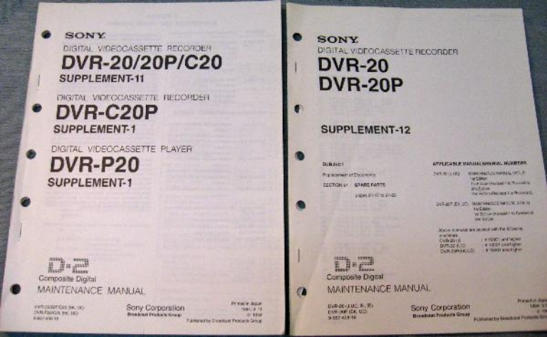 Picture of Sony DVR-20/20P/C20 Supplement-11 and Supplement 12. DVR-C20P Supplement-1, DVR-P20 Supplement-1 Maintenance Manual