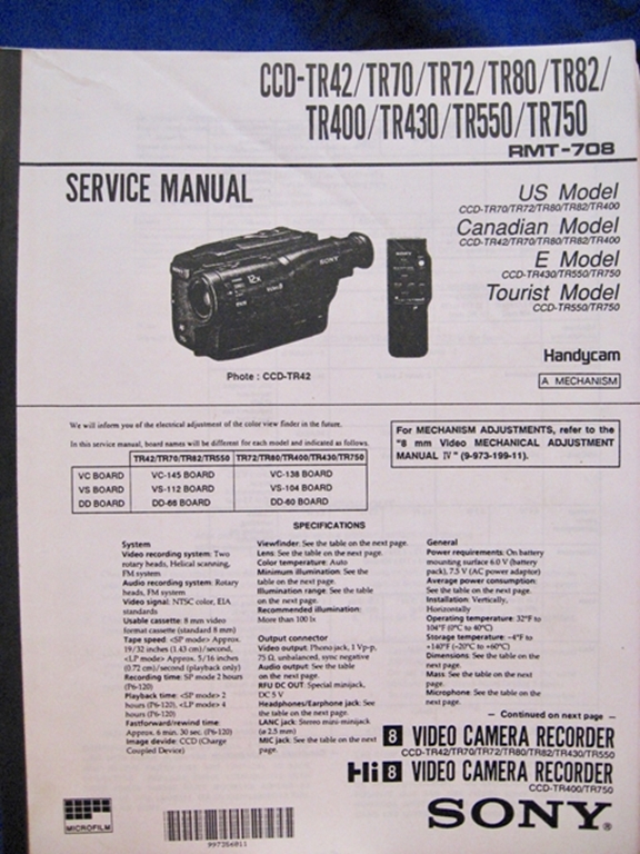 Picture of Sony CCDTR42,TR70,TR72,TR80,TR82,TR400 Service/Repair Manuals