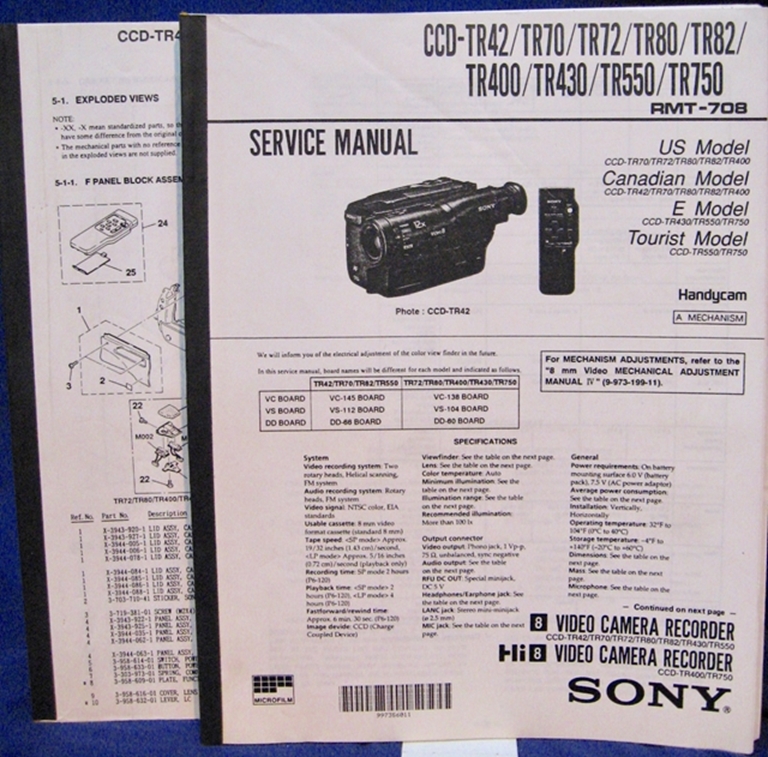 Picture of Sony CCDTR42,TR70,TR72,TR80,TR82,TR400 Service/Repair Manuals