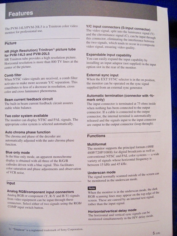 Picture of Sony PVM 20L5 Operating Manual 