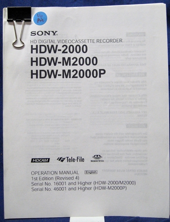 Picture of Sony HDW-2000/M2000/M2000P Operation Manual 1st Edition (Revised 4)