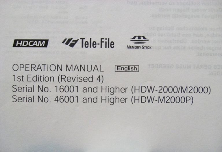 Picture of Sony HDW-2000/M2000/M2000P Operation Manual 1st Edition (Revised 4)