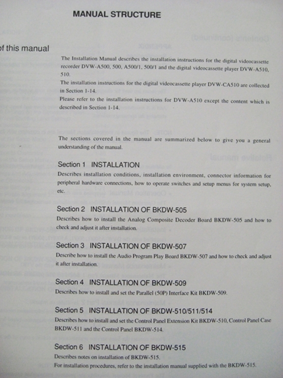 Picture of Sony DVW-A500/500/(A500/1)/(500/1)/A510/510/CA510 Installation Manual 1st Edition (Revised 5)