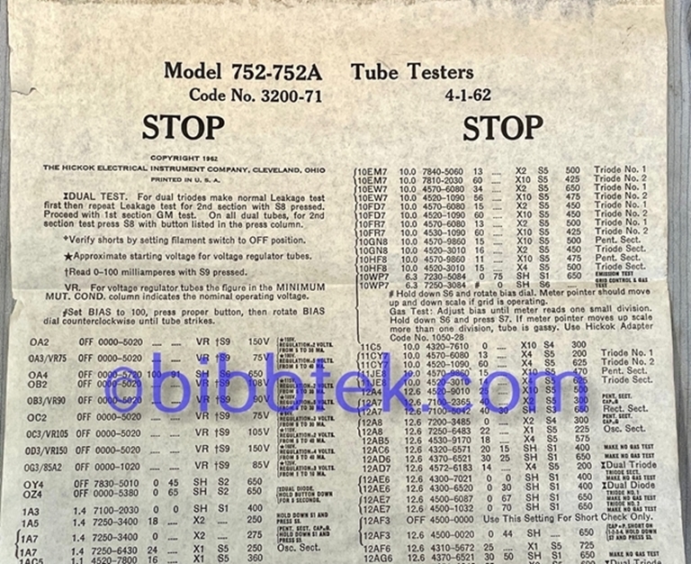 Picture of HIckok Roll Chart models 752-752A