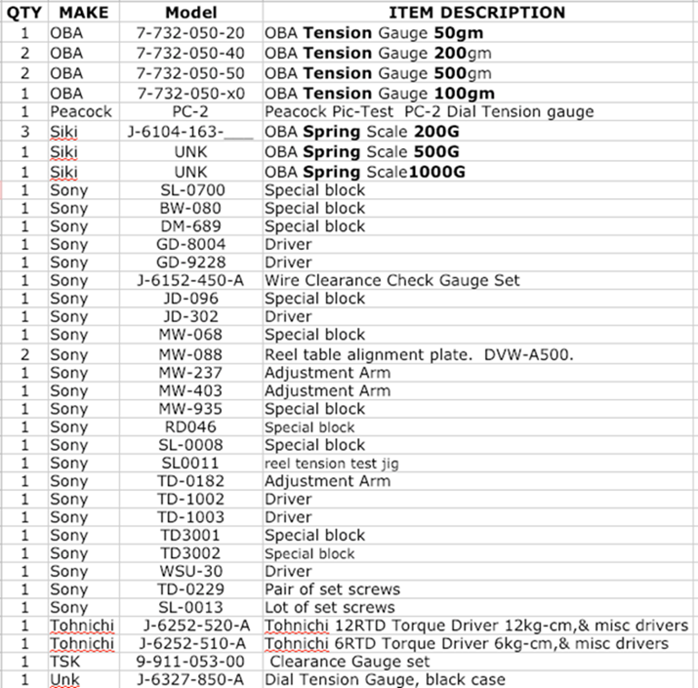 Picture of Sony VTR  Alignment Tools, over 40 items.